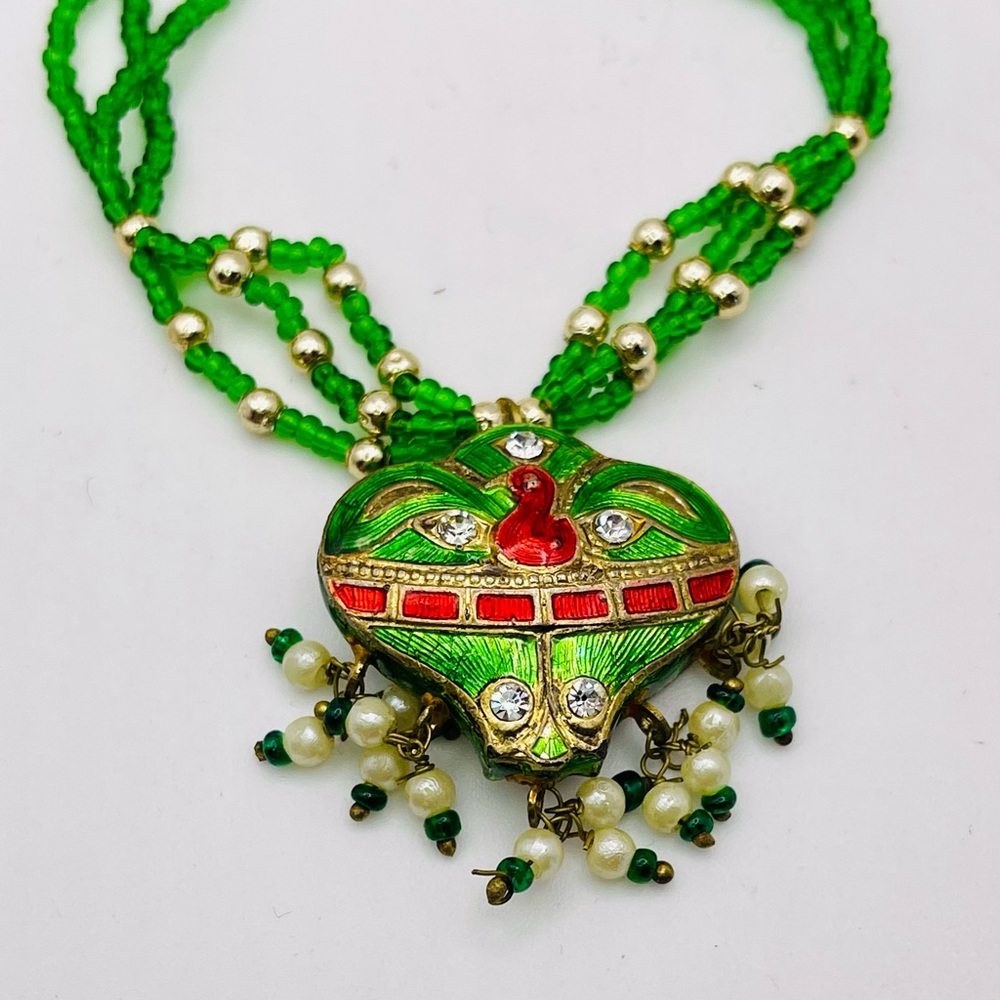 Fabulous Green Bollywood Style Indian Necklace Handcrafted Enamel Seed Beads